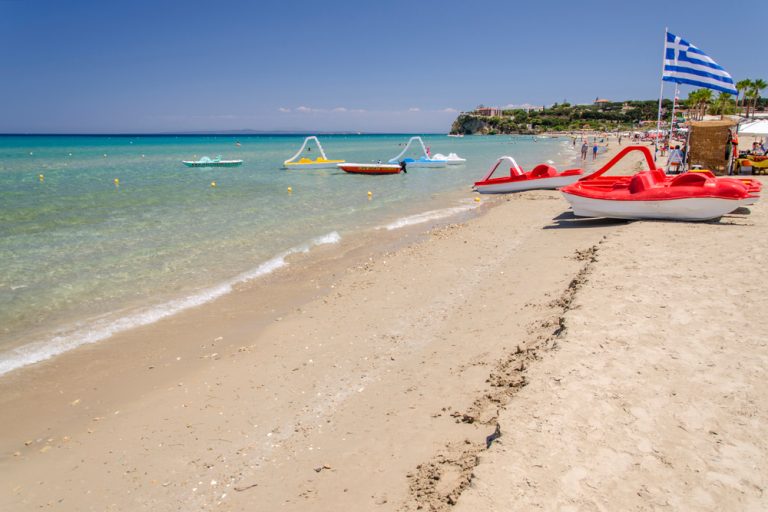 golden sandy beach in Tsilivi situated on the east of Zakynthos island on Ionian Sea, Greece.